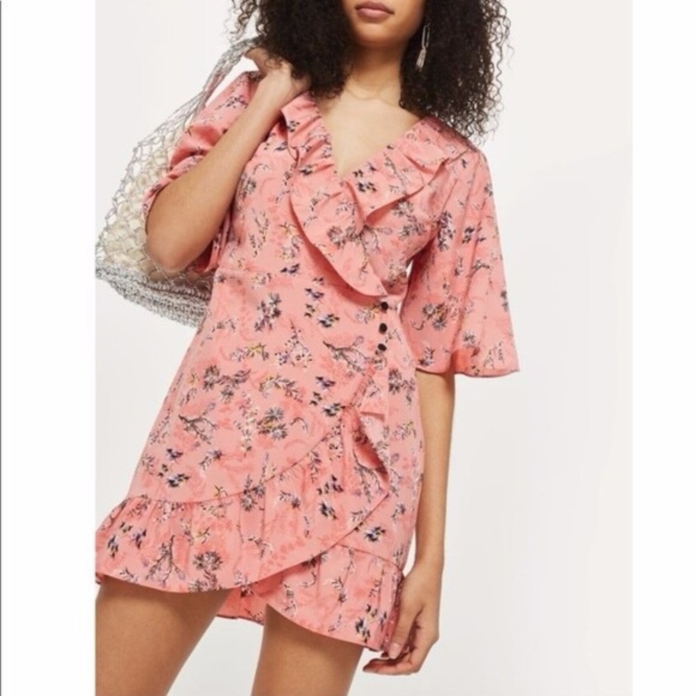TOPSHOP Pink Floral Off Duty Ruffle Wrap Tea Dress Size 6